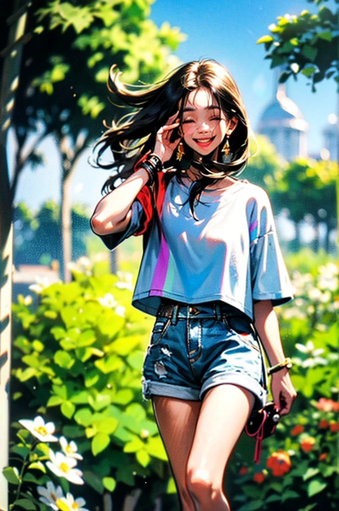 In this image, we see a young woman standing outdoors under a beautiful, partly cloudy sky. She is smiling and looking up, giving a sense of joy and contentment. The sky is vibrant with a mix of blue and white clouds, creating a picturesque backdrop.The woman is dressed casually in a white t-shirt and high-waisted denim shorts. The shorts have a rolled-up hem, adding to the relaxed and summery vibe of her outfit. She wears a watch on her left wrist, which is visible as her left arm is bent, with her hand gently touching her forehead.Her posture is relaxed, and she appears to be enjoying the moment. The background shows some greenery, possibly trees, indicating that she is in a natural setting, perhaps a park or a garden. The sunlight illuminates the scene, suggesting it is either morning or late afternoon.Overall, the image conveys a sense of freedom, happiness, and a connection with nature. The woman’s carefree pose and the serene sky contribute to the uplifting and tranquil mood of the photograph.