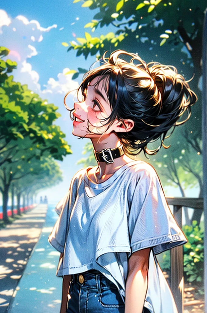 In this image, we see a young woman standing outdoors under a beautiful, partly cloudy sky. She is smiling and looking up, giving a sense of joy and contentment. The sky is vibrant with a mix of blue and white clouds, creating a picturesque backdrop.The woman is dressed casually in a white t-shirt and high-waisted denim shorts. The shorts have a rolled-up hem, adding to the relaxed and summery vibe of her outfit. She wears a watch on her left wrist, which is visible as her left arm is bent, with her hand gently touching her forehead.Her posture is relaxed, and she appears to be enjoying the moment. The background shows some greenery, possibly trees, indicating that she is in a natural setting, perhaps a park or a garden. The sunlight illuminates the scene, suggesting it is either morning or late afternoon.Overall, the image conveys a sense of freedom, happiness, and a connection with nature. The woman’s carefree pose and the serene sky contribute to the uplifting and tranquil mood of the photograph.
