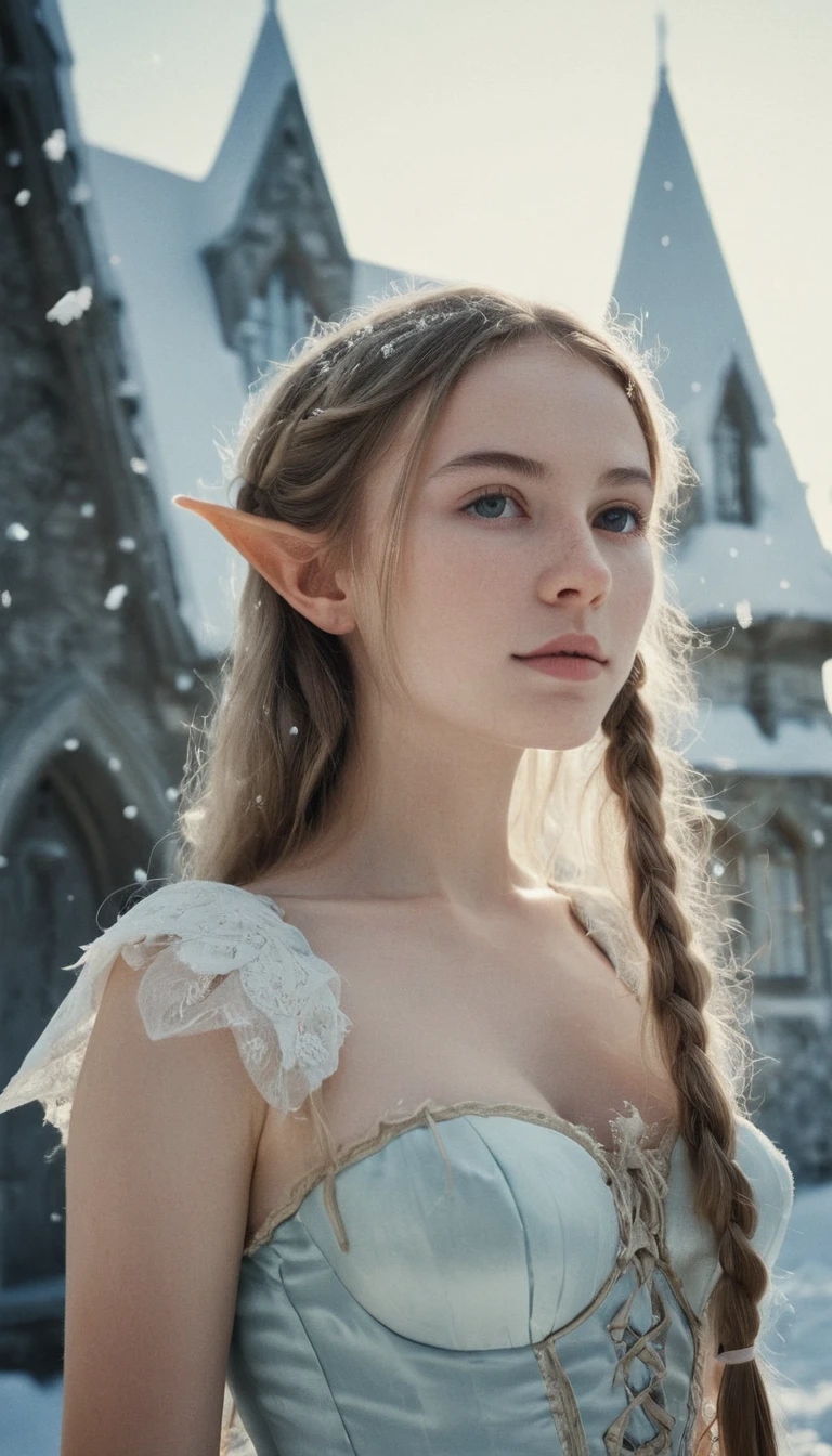 analog film photo, photo of a young elf girl, elf, elf ears, long pointy ears, messy hair, sun-kissed complexion, goosebumps, pretty, natural beauty, tall, full hourglass figure, wearing silk undergarments, posing in front of a snowy crystalline palace, Raw Photograph, dslr, soft lighting, high quality, film grain, Fujifilm XT3, detailed skin with visible pores, insane details, masterpiece, 8k, 35mm photograph, dslr, kodachrome, faded film, desaturated, grainy, vintage, Lomography, stained, highly detailed, found footage, close-up shot, elven ears