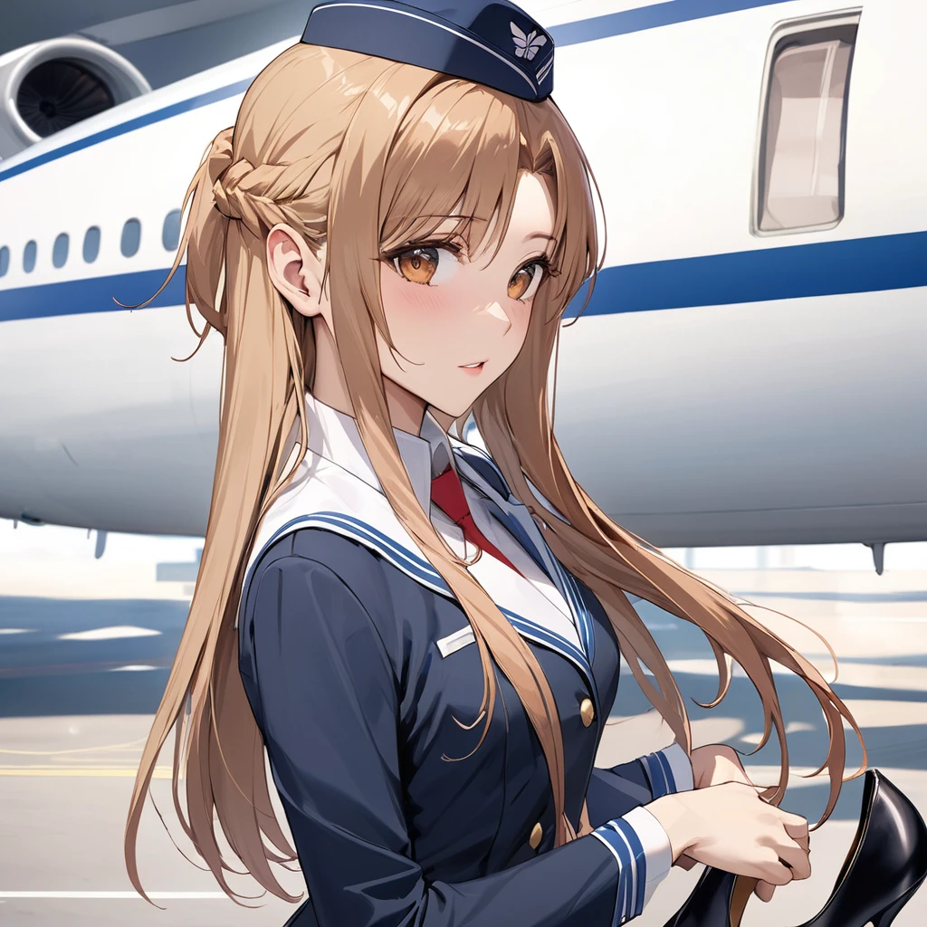 ((Highest quality)), ((masterpiece)), (detailed), （Perfect Face）、The woman is Yuuki Asuna, a flight attendant for Shandong Airlines, a Chinese woman with light brown, medium-long hair.、The woman is wearing a red Shandong Airlines flight attendant uniform, a uniform scarf, a uniform hat and heels.