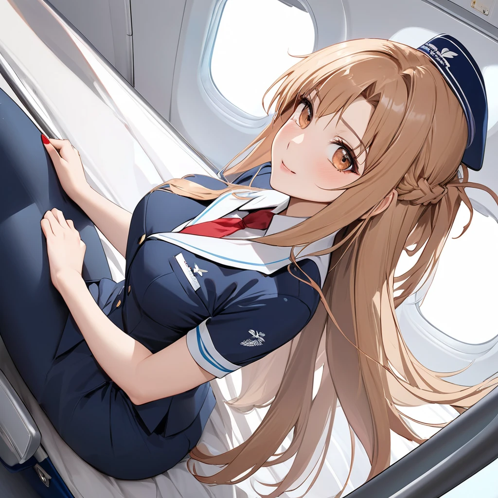 ((Highest quality)), ((masterpiece)), (detailed), (Perfect Face)、The woman is Yuuki Asuna, a flight attendant for Shandong Airlines, a Chinese woman with light brown, medium-long hair.、The woman is wearing a red Shandong Airlines flight attendant uniform, a uniform scarf, a uniform hat and heels.