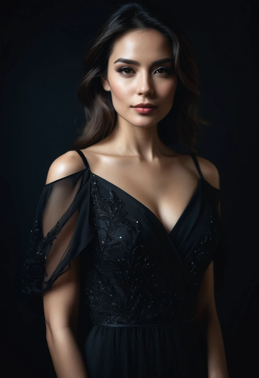 dark shot, film grain, A close up of a woman in a beautiful black dress and a black background, ultra clear, high quality