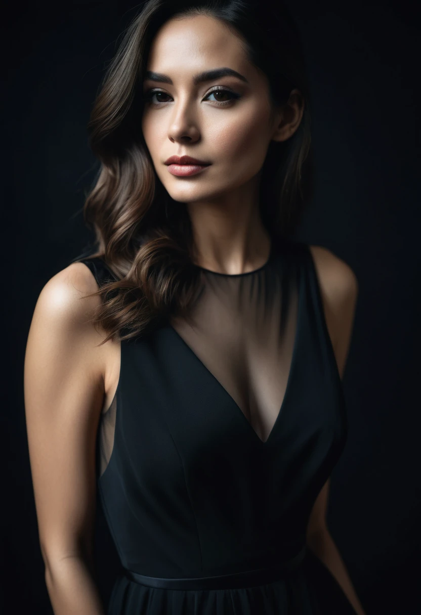 dark shot, film grain, A close up of a woman in a beautiful black dress and a black background, ultra clear, high quality