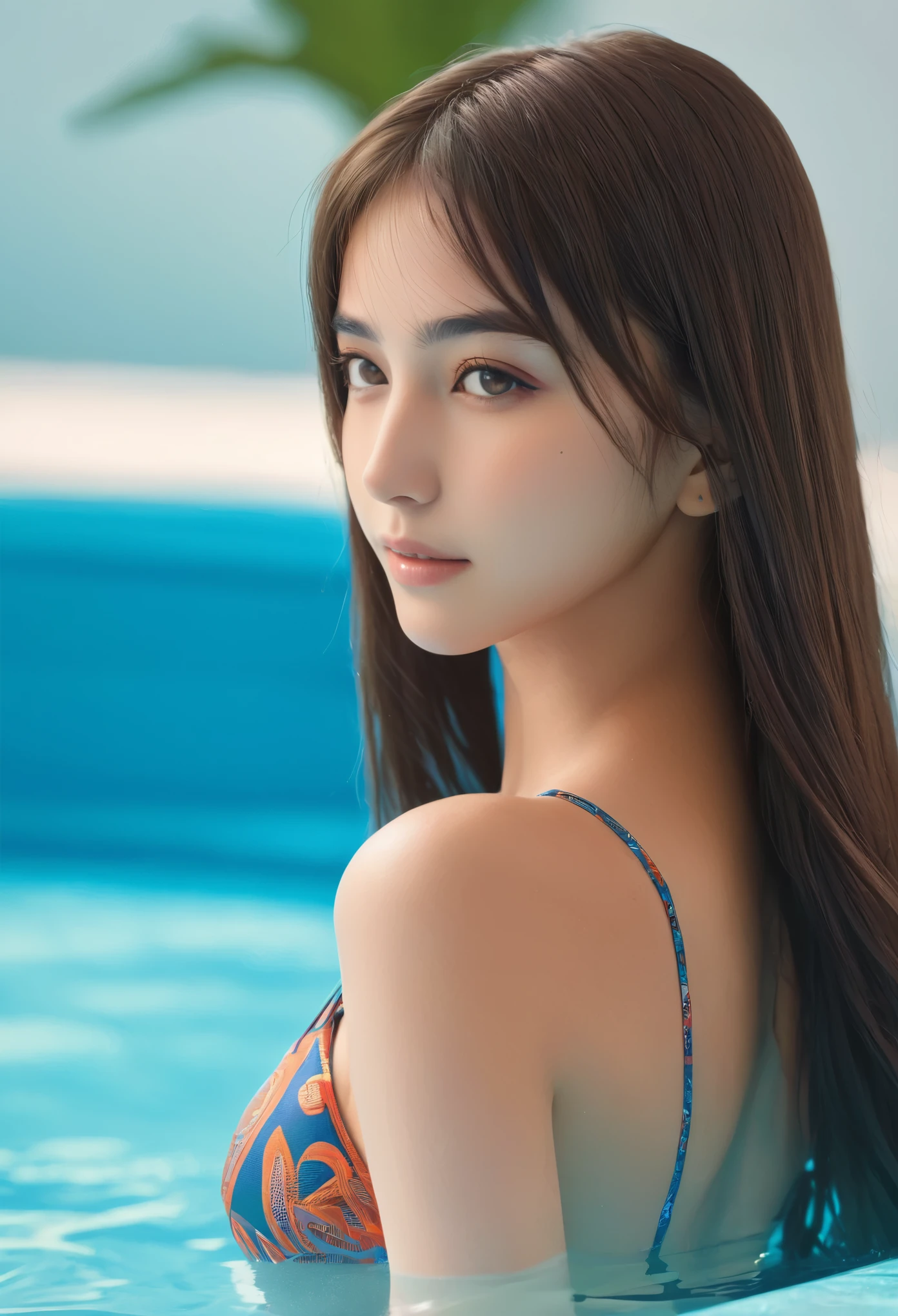 score_9, score_8_up, score_7_up, A beautiful Saudi Arabian girl with long hair, 18yo, waist-high portrait from side, natural skin texture, high nose, beautiful eyebrows, (blunt bangs:1.1), detailed facial features, wearing futuristic swimming suit with fractal pattern, complex composition, high resolution, ultra-detailed, sharp focus, 4k textures, photorealistic, warm colors, natural lighting, magical realism style, intricate background, Yua Yaiba, beautiful large hips, beautiful back, moist skin texture, no makeup, dark circles, toned body, in the pool, Coquettish facial expressions, looking at camera, seductive smile