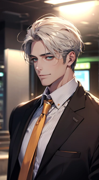 (Highest quality,4K,8K,High resolution,masterpiece:1.2),Super detailed,(Realistic,photoRealistic,photo-Realistic:1.37),1 person,34 years old,Mature Men,Beautiful skin、very handsome,Expressionless smile in love,Short white hair,green eyes,Sharp Eyes,A perfect face without a doubt,Businessman, CEO, Office Background,Cinema Lighting,HDR image,tie、
