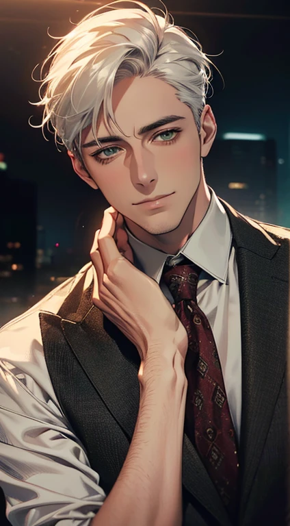 (Highest quality,4K,8K,High resolution,masterpiece:1.2),Super detailed,(Realistic,photoRealistic,photo-Realistic:1.37),1 person,34 years old,Mature Men,Beautiful skin、very handsome,Expressionless smile in love,Short white hair,green eyes,Sharp Eyes,A perfect face without a doubt,Businessman, CEO, Office Background,Cinema Lighting,HDR image,tie、