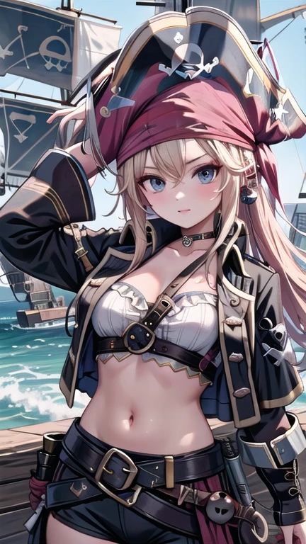 (Pirate War:1.5),Girl dressed as a pirate, One girl, Black choker, 超High resolution, retina, masterpiece, Accurate, Anatomically correct, Textured skin, Super Detail, Attention to detail, high quality, 最high quality, High resolution, 4K