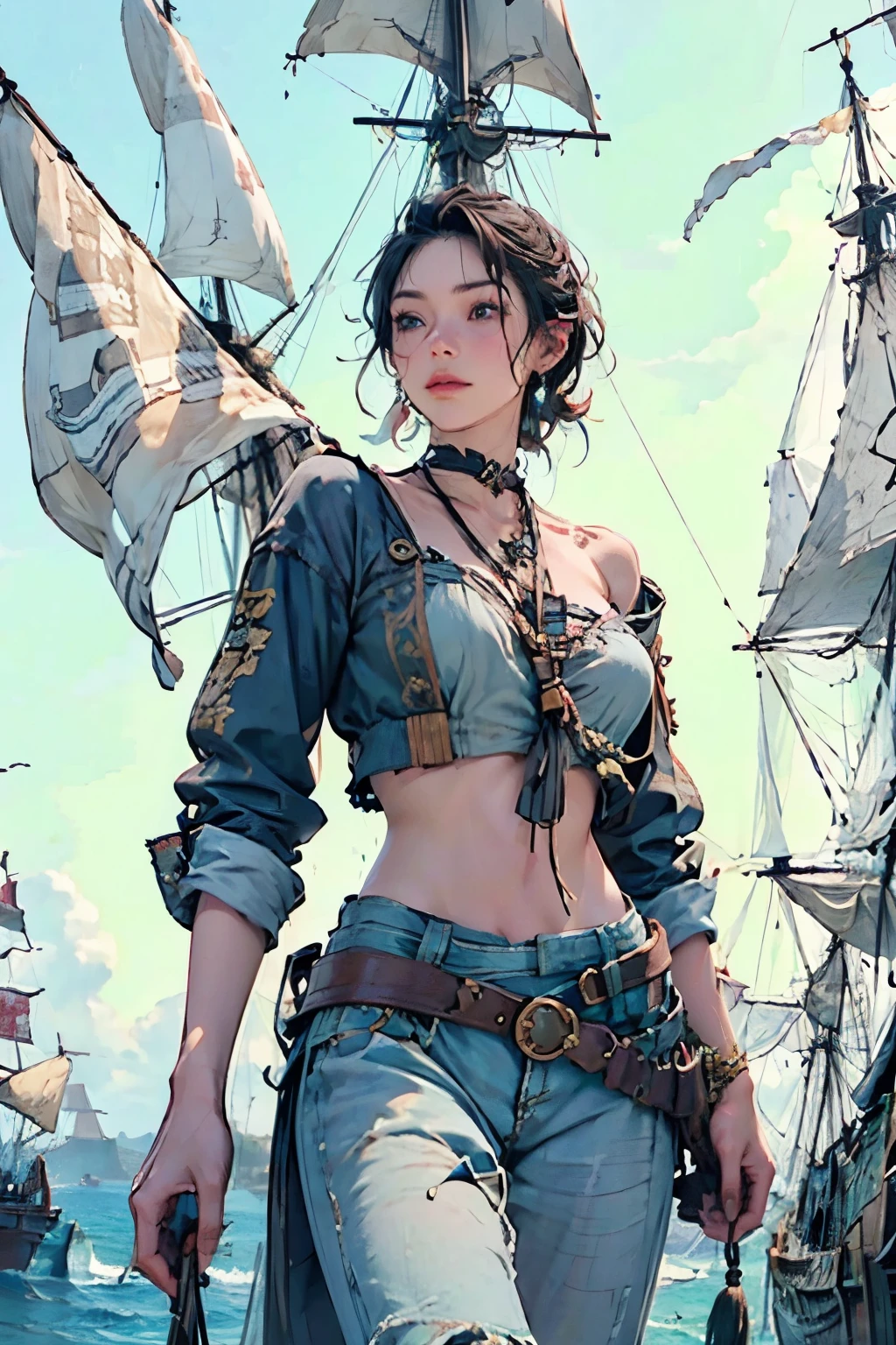 (Fascinating Female Pirate Captain:1.2)、(Take command on the deck of a pirate ship:1.2)、Off the shoulder、Sexy Looks, short hair、BREAK Caribbeanで英国海軍との海戦、(2 Galleons:1.4)、 (Naval battles:1.2)、(Close Combat:1.2)、Caribbean、 (Galleon Fire:1.2)、(Galleon Explosion:1.2)、(Torn sails:1.2)、 (Realistic:1.2)、Very detailed、(intricate details 1.2)、Blur the background、8k, masterpiece、