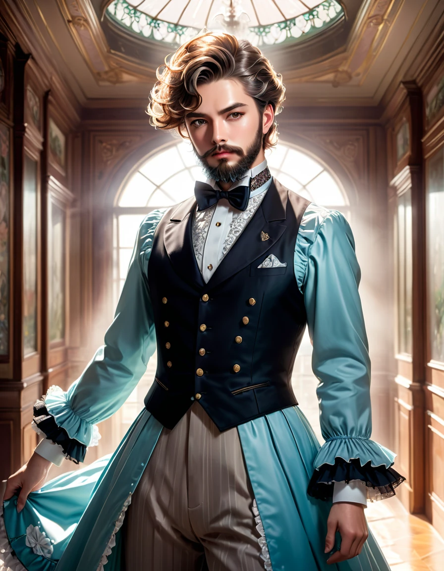 one dandy gentleman with a beard,Seventy-three parts of hair hardened with hair gel,wearing Lolita dress,(masterpiece), (best quality), (ultra-detailed), (illustration), (detailed light),(an extremely delicate and beautiful),natural light, wide angle shot,full body,and high quality photo.