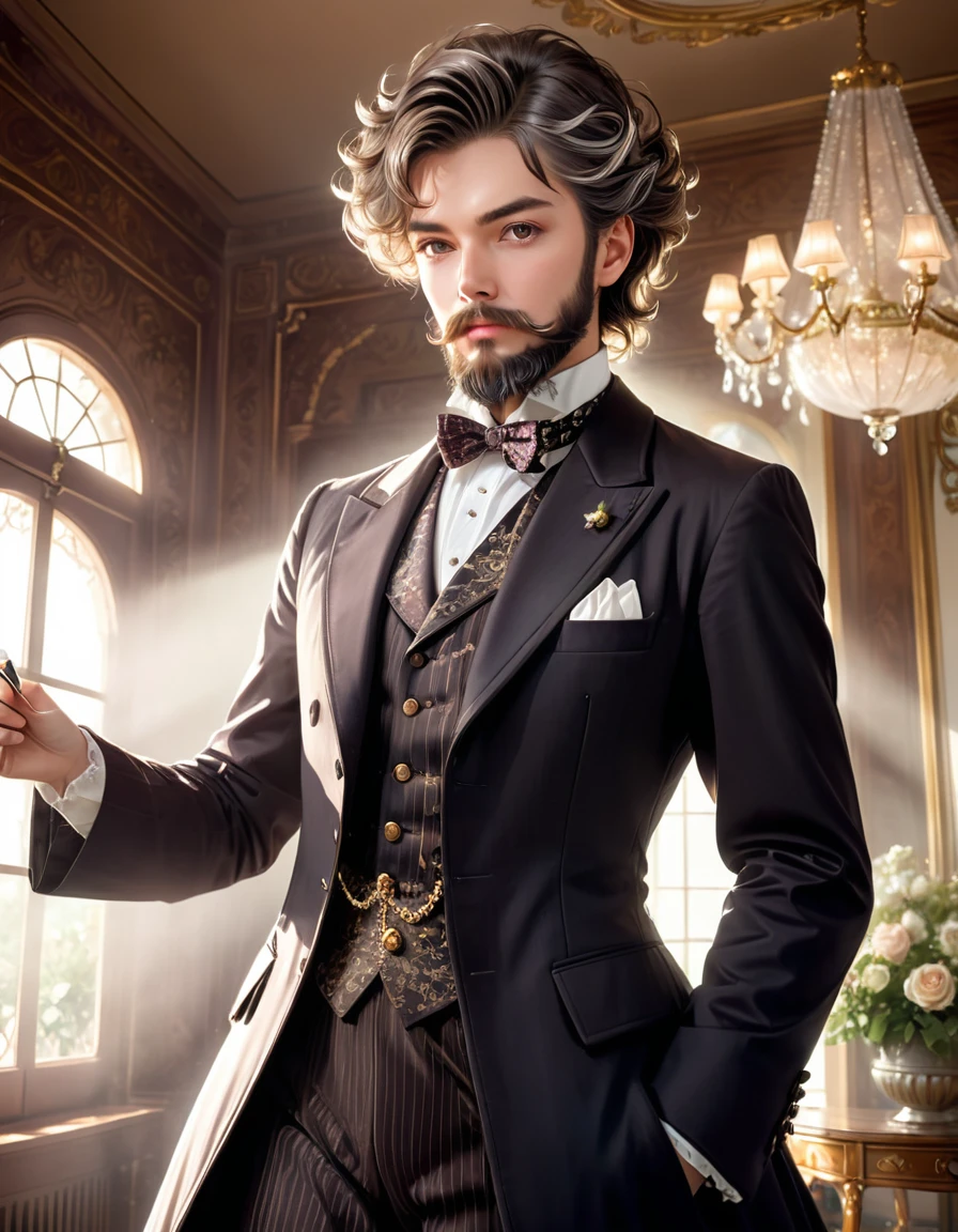 one dandy gentleman with a beard,Seventy-three parts of hair hardened with hair gel,wearing ta dress,(masterpiece), (best quality), (ultra-detailed), (illustration), (detailed light),(an extremely delicate and beautiful),natural light, wide angle shot,full body,and high quality photo.