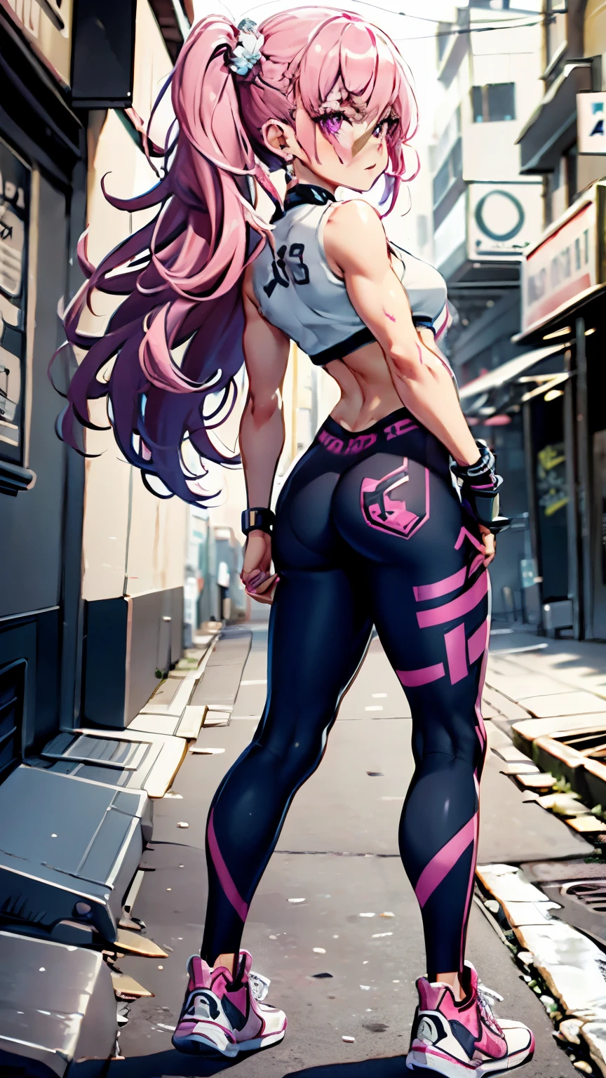 ((medium breath)),long hair, pink hair, red head ornament, pink highlights, hair over one eye,purple eyes, earrings, sharp eyes, choker, neon shirt, open jacket, crop top, (symmetry eyes),(perfect symmetrical body),against wall, brick wall, graffiti, dim lighting, alley ,side view , woman at a gym, cute, front Pose, fitness girl, side profile overview, standing, erect Pose, symetrical, fitness model, skinny, Red sneakers, best qualityer, relaxed arms, hands down, ankle, fullbody view, stand straight with your back upright. Keep your shoulders back and maintain a straight line from your head to your feet.