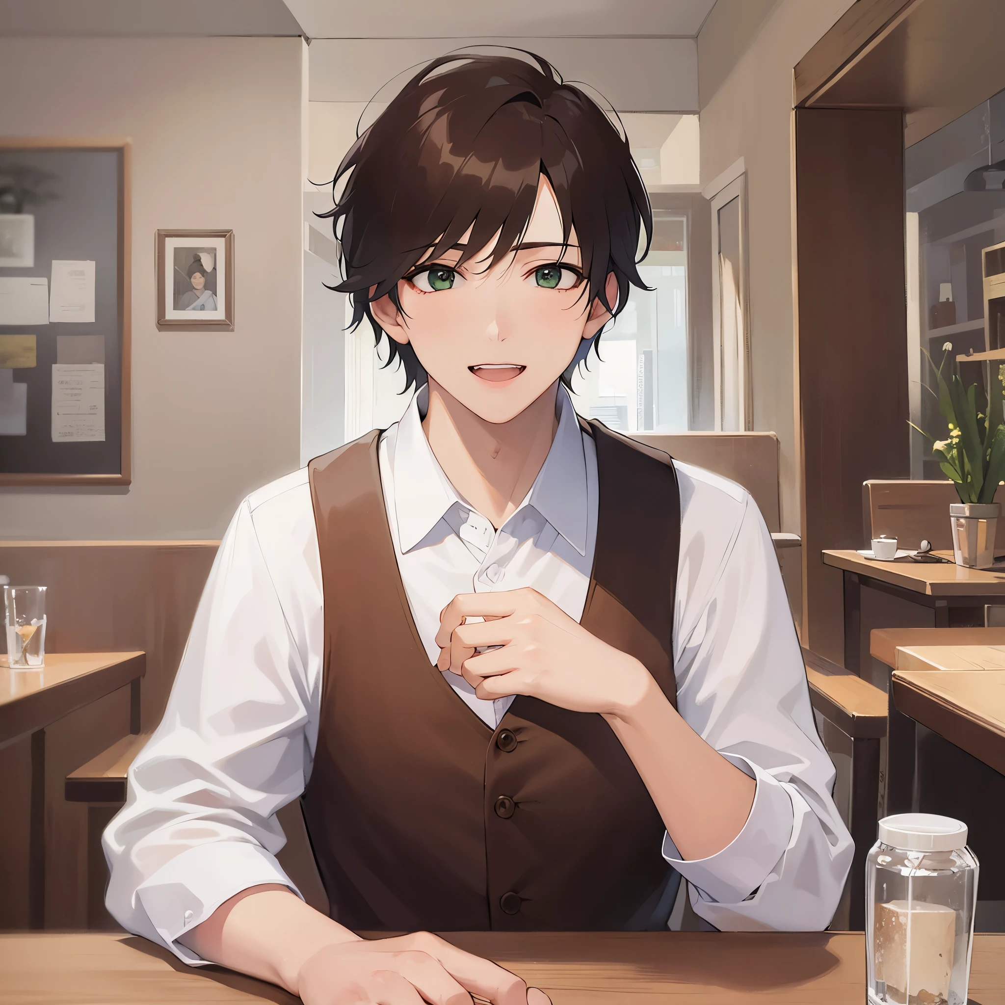 (looking away:1.5),upper body,
masterpiece、Highest quality、
BREAK (25-year-old male:1.5) and (Mahogany brown short hair) and (Green Eyes)
BREAK,White collared shirt、(Jacket:1.5)、
(smile:1.5),happy,open mouth,The background is inside the restaurant