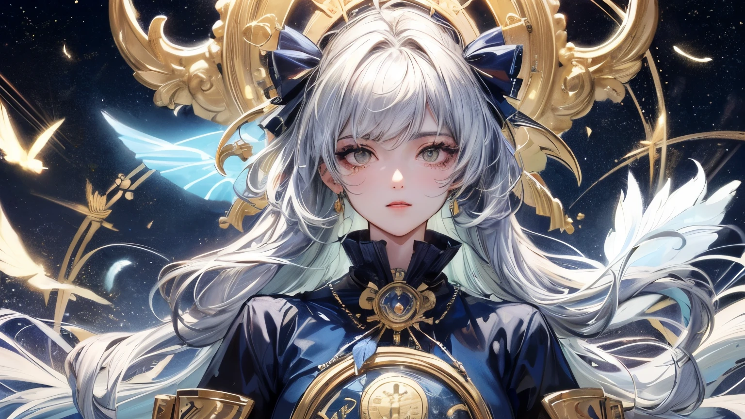 Realistic, (masterpiece, Highest quality, Highest quality, Official Art, beautifully、aesthetic: 1.2), Very detailed, fractal art, colorful, The most detailed, Leo, (Abstract background: 1.5), (One girl: 1.3), (Cat Class), Yellow Hair, Bright Eyes, Serious, Combed back, short hair, milky way, huge magical gold Leo astrolabe, dream, Fantasy, ,beautifullydetailedな空, Style and Decoration for Leo, Leogoddess, (Browsing Caution:0.8), Delicate reflectivity and high glass guardrail board,((Highest quality)), ((masterpiece)), (detailed), アニメ　Fairy　magic　City　monochrome　romantic　Calm　Retro Style　Elegant and detailed feather design　Gothic Dress　accessories　　Light effects　Gothic　goddess　Silver Hair 