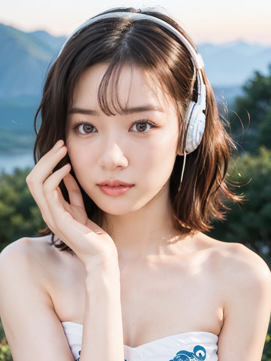 Highest quality, masterpiece, Ultra-high resolution, (Actual:1.3), Original photo, (Nature Photography), (Majestic mountain peaks, sea of clouds), (On top of a very large mountain), (sunset), (girl), (Upper Body),"(Top Quality, Masterpiece, Natural Light: 1.0), (Side View: 0.0), (Cowboy Shot: 0.0), (upper body: 1.8), (Close-up: 0.8), Portrait, Cinematic Lighting, Glow, Ray tracing, reflected light, f135mm, uhd, accurate, skin texture, super detail, great detail, high quality, highest quality, 8k, (Surrealism: 1.2), BREAK, (Japanese: 1.3), (22 years old: 1.0), (Small breasts: 1.6), (Long, large, slit eyes: 1.8), (Realistic eyes: 1.8), (Height at 165cm: 1.2) , (Transparent white skin: 1.2), (Short curly bright pink hair with bangs: 1.3), (Deep eyeshadow makeup: 1.4), BREAK, (Correct hand: 1.6), (Correct fingertips: 1.6), Sexy pose, (Place hand near cheek: 1.8), BREAK, (Big white headphones: 1.4), (Wearing an orange and white printed strapless dress: 1.3), BREAK,