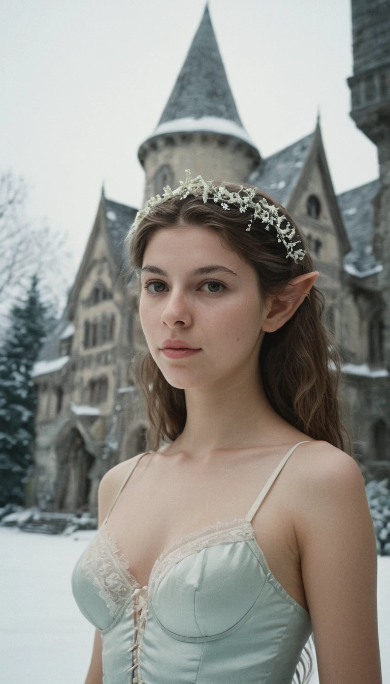 analog film photo, photo of a young elf girl, elf, elf ears, long pointy ears, messy hair, sun-kissed complexion, goosebumps, pretty, natural beauty, tall, full hourglass figure, wearing silk undergarments, posing in front of a snowy crystalline palace, resembles a young Marisa Tomei, Raw Photograph, dslr, soft lighting, high quality, film grain, Fujifilm XT3, detailed skin with visible pores, insane details, masterpiece, 8k, 35mm photograph, dslr, kodachrome, faded film, desaturated, grainy, vintage, Lomography, stained, highly detailed, found footage, close-up shot, elven ears
