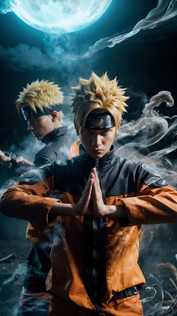 A realistic depiction of Naruto Uzumaki in action, showcasing his Shadow Clone Jutsu. Naruto, in his traditional ninja attire, stands confidently with his iconic orange jumpsuit and blue forehead protector. His hair is spiky and blonde, and his facial expression is determined. Two shadow clones of Naruto emerge from a thin veil of smoke, accurately capturing the anime’s dynamic energy. The scene should have a slightly blurred background to emphasize the movement and the subtle detail of the smoke dispersing around the clones. The realistic portrayal should include textured clothing, detailed facial features, and lifelike smoke effects, closely mirroring the animation style while maintaining a realistic appearance, realistic, cinematic, detail hair, detail face,