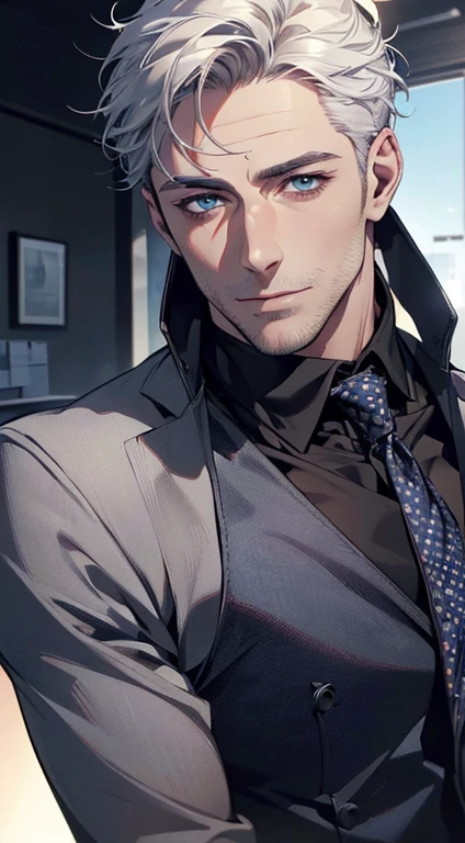 (best quality,4k,8k,highres,masterpiece:1.2),ultra-detailed,(realistic,photorealistic,photo-realistic:1.37),1 man,34 years old,mature man,very handsome,without expression,smile,short white hair,blue eyes,penetrating gaze,perfect face without errors,imposing posture,businessman,office background,cinematic lighting,hdr image