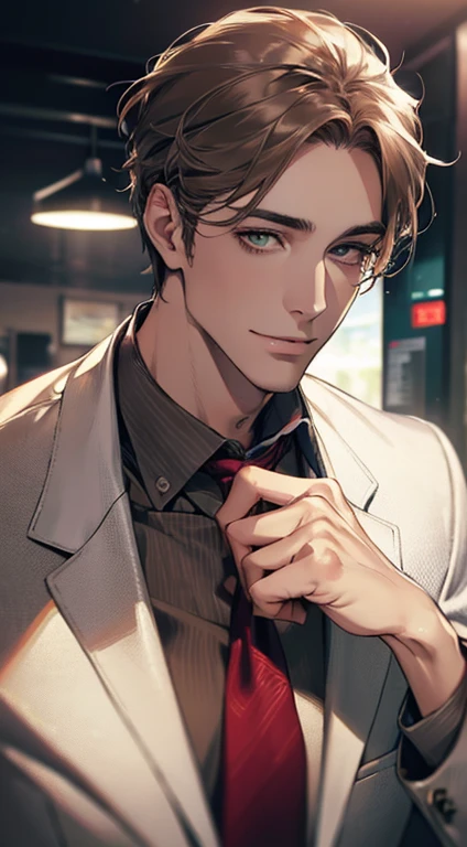 (Highest quality,4K,8K,High resolution,masterpiece:1.2),Super detailed,(Realistic,photoRealistic,photo-Realistic:1.37),1 person,34 years old,Mature Men,Beautiful skin、very handsome,Expressionless smile in love,Short gray brown hair,green eyes,Sharp Eyes,A perfect face without a doubt,Businessman, CEO, Office Background,Cinema Lighting,HDR image,tie、