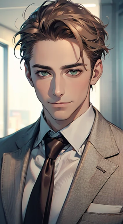 (Highest quality,4K,8K,High resolution,masterpiece:1.2),Super detailed,(Realistic,photoRealistic,photo-Realistic:1.37),1 person,34 years old,Mature Men,Beautiful skin、very handsome,Expressionless smile in love,Short gray brown hair,green eyes,Sharp Eyes,A perfect face without a doubt,Businessman, CEO, Office Background,Cinema Lighting,HDR image,tie、