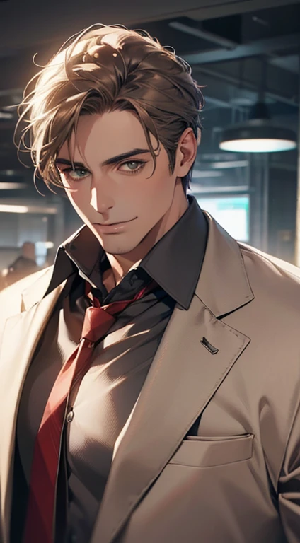 (Highest quality,4K,8K,High resolution,masterpiece:1.2),Super detailed,(Realistic,photoRealistic,photo-Realistic:1.37),1 person,34 years old,Mature Men,Beautiful skin、very handsome,Expressionless smile in love,Short gray brown hair,green eyes,Sharp Eyes,A perfect face without a doubt,Businessman, CEO, Office Background,Cinema Lighting,HDR image,tie、