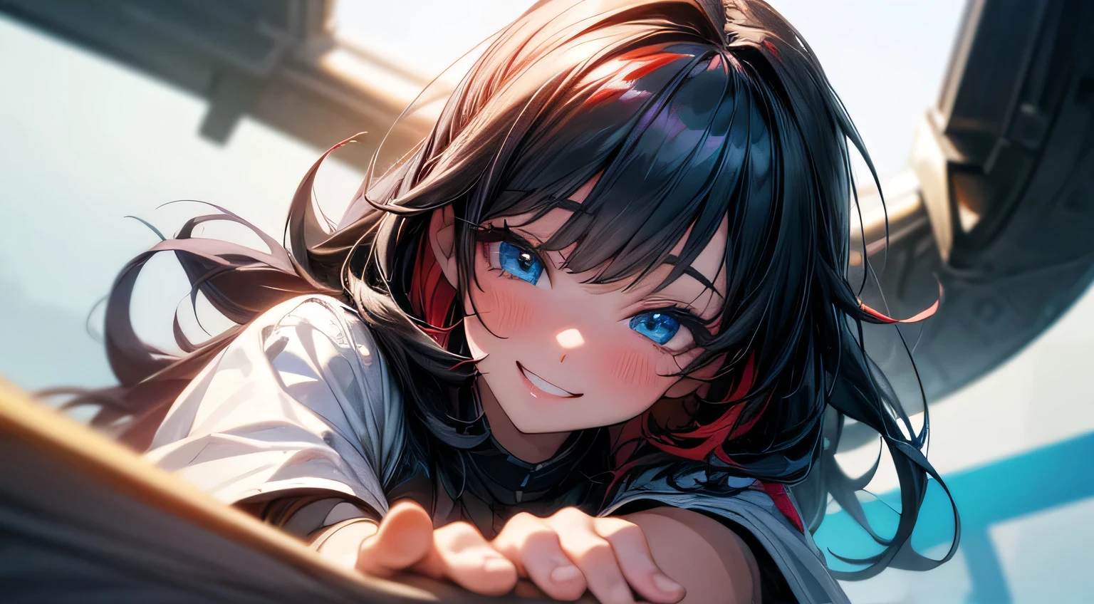 1 Female,High definition,high resolution,Ultra-realistic,8K, hy1, , Upper body Photographed from the front,Dynamic Angles,blush, wink the eye, multicolored hair, outside, blue eyes, long black hair, smiling, joyful