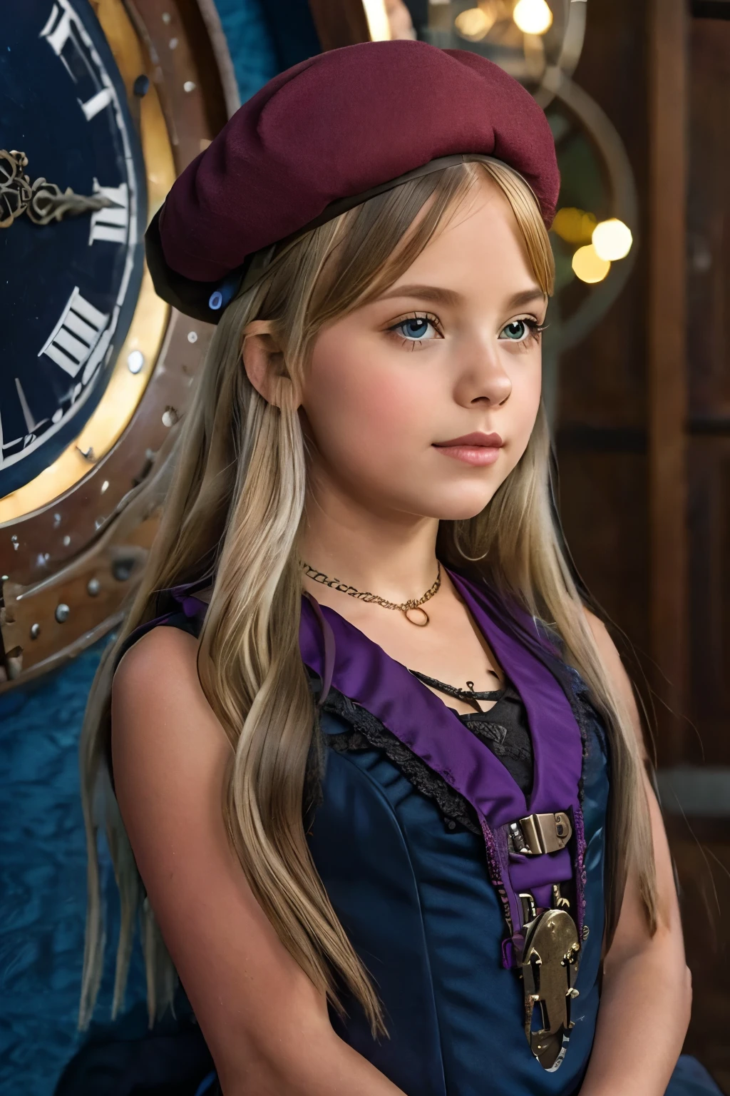 close-up, straight hair blonde short curly child girl the little red hat, clock on necklace, (Victorian era), ((steampunk)), cinematography, worked, elegant, meticulous, magnificent, maximum detail, extremely hyper-aesthetic, intricately detailed, lots of gears, old town background