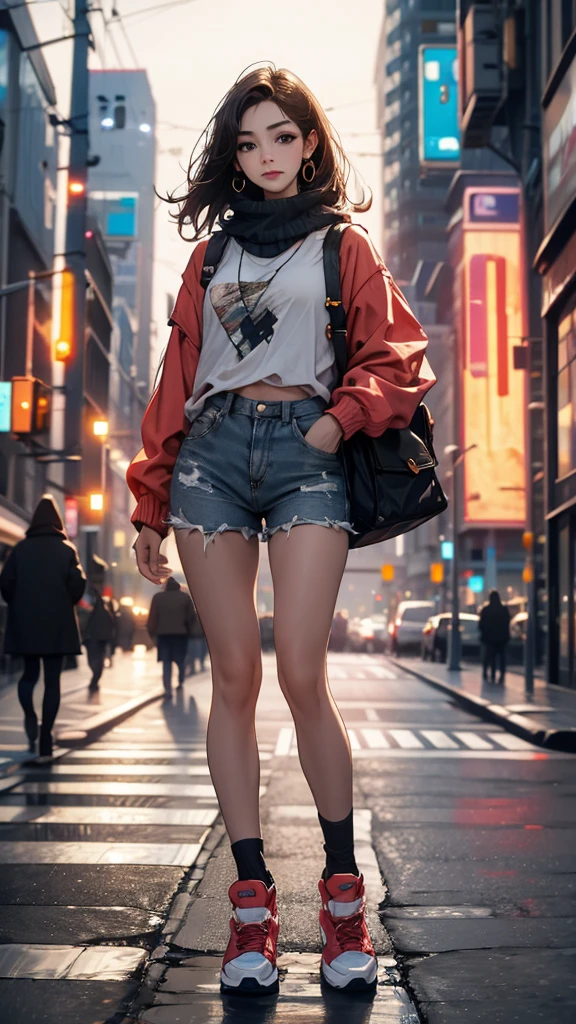 Young woman standing on the street, Blur the background, beautiful, Realistic,Gal