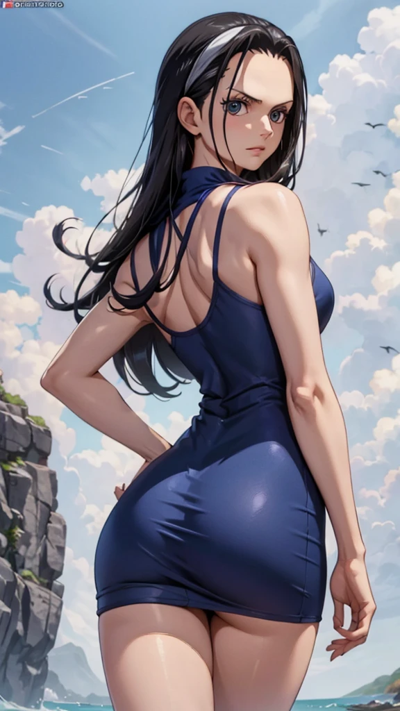 girl, Nico Robin, one piece, Navy blue short dress without print, big , big ass, debtrom behind, debt/16, 85mm, masterpiece, Anatomically correct, Super Detail, Attention to detail, high quality, 最high quality, High resolution, 4K