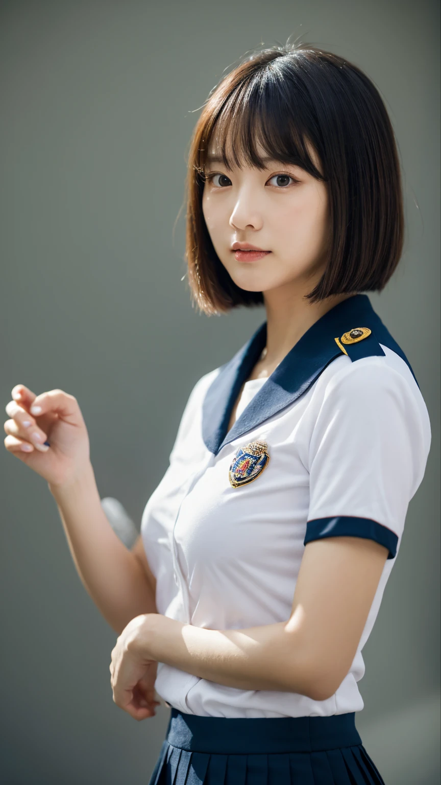 8k, Ultra-high resolution, Highest quality, masterpiece, 三分割法によるphotograph,Surreal, photograph, 1 girl, (19 years old:1.3), pretty girl, Cute Face, Beautiful eyes in every detail, 細かくdetailedに,masterpiece,One Girl:1.2,Japanese female officers,whole body,Serious expression,Black short hair,Bob with bangs,Pencil Skirt,uniform,SS uniform,Hugo Boss,Sharp contours,Looking down,Gray background, Light from above, Low contrast, (Side view),Perfect and beautiful face ,完璧でCute Face, Skin with attention to detail, Perfect limbs、Tight waist,Looking at the audience,(((Ideal body type))),A-cup small breasts :2,Portraiture:2,Perfect Anatomy,鮮明なdetailed,detailed,Surreal,Light and shadow,Shine、(Nipples are visible),(Small areola、I can see your chest、(front),(Looking at the camera)