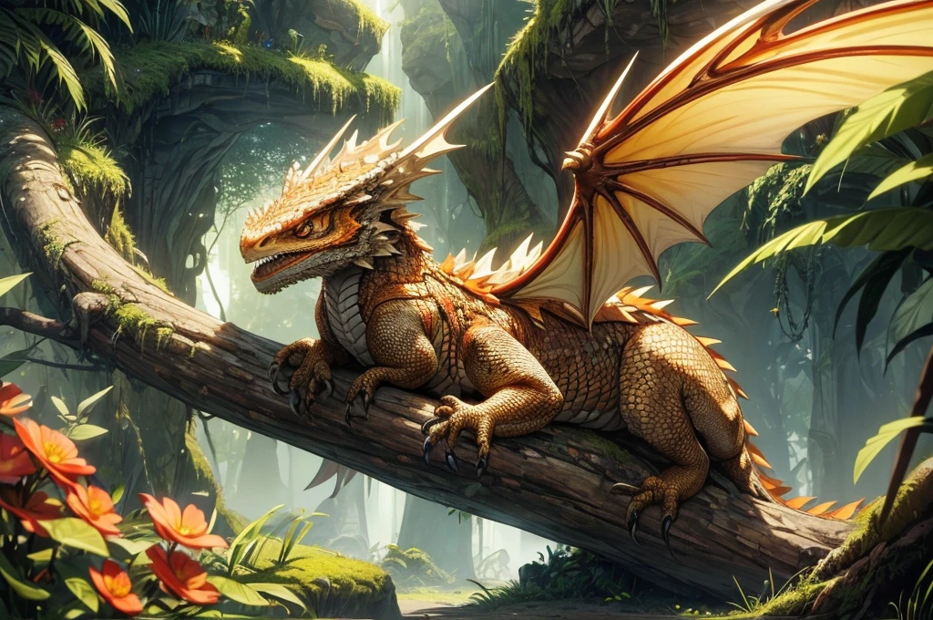 Wings:1,(best quality,realistic,ultra-detailed),dragon and bearded dragon hybrid,bearded dragon,tan and albino orange coloring,scaly texture,detailed scales,sharp claws,piercing eyes,long tail,wings sprouting from the back of the dragon,majestic posture,in a lush garden surrounded by blooming flowers,on top of a moss-covered rock,soft sunlight casting warm shadows,vibrant colors,powerful presence,natural blending of dragon and bearded dragon features,exquisite attention to detail, horn, swam environment