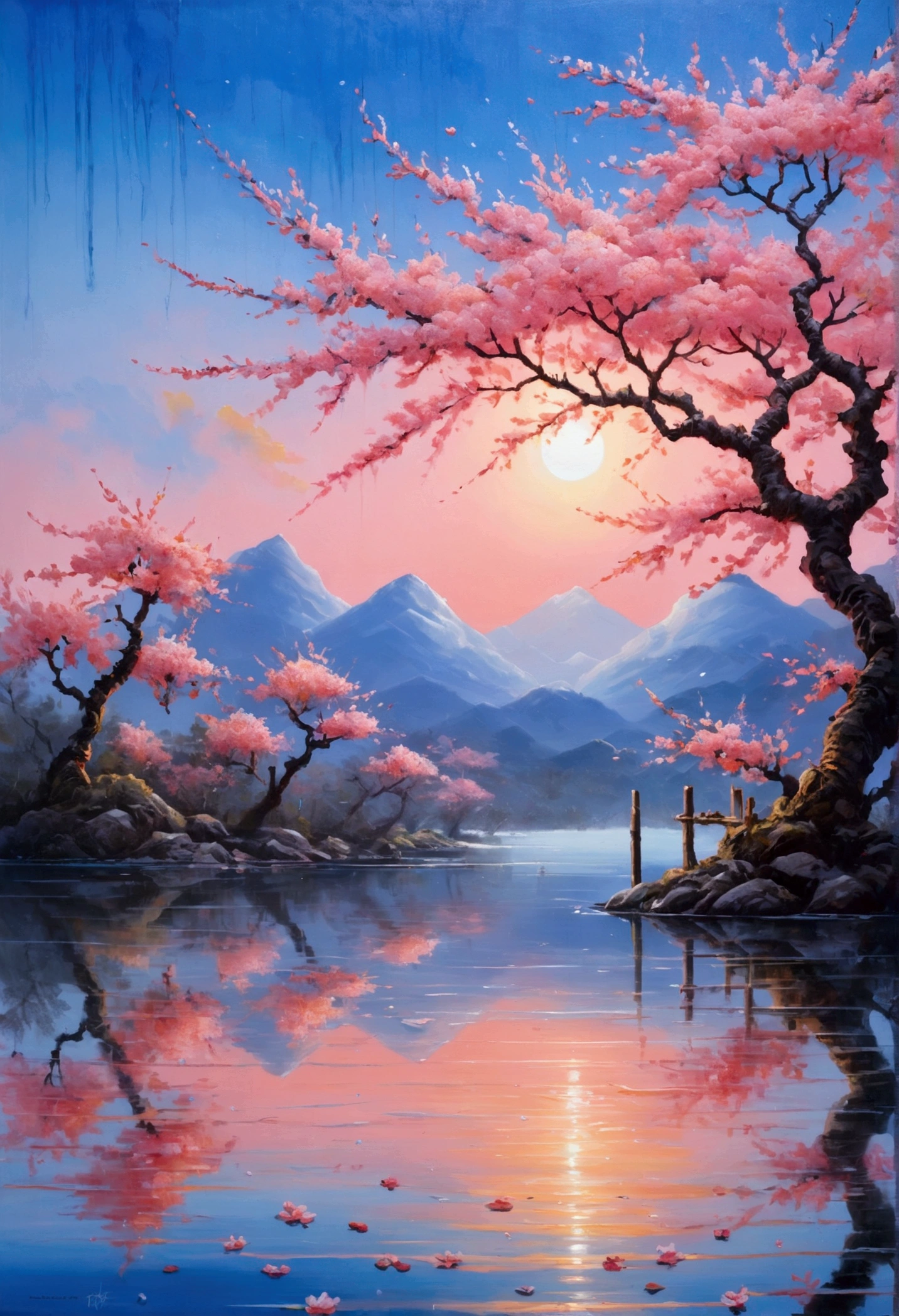 horizon ,Peach Blossom Rain, Fire painting,Clear blue lake,Pink Coral,Ultra-wide viewing angle,Highest quality,Official Art