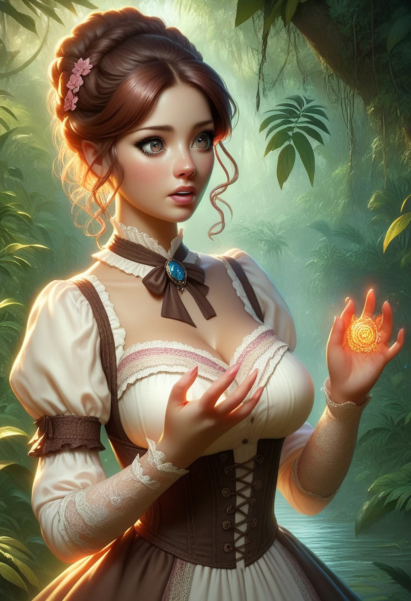 female bear mid transformation, solo, masterpiece, best art, victorian dress. detailed hands, detailed eyes, detailed torso, jungle, expression, transformation, human face, brown shaggy hair.
