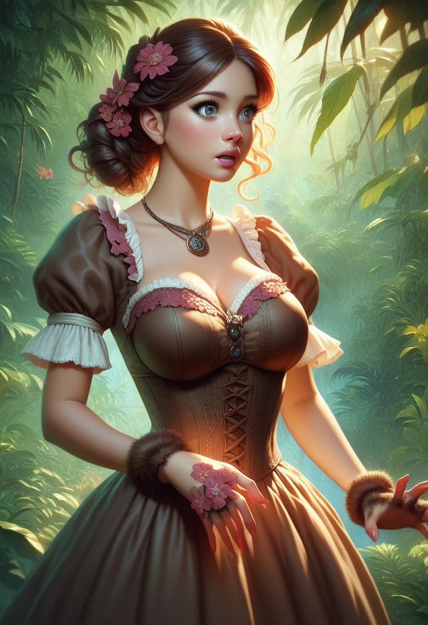 female bear mid transformation, solo, masterpiece, best art, victorian dress. detailed hands, detailed eyes, detailed torso, jungle, expression, transformation, human face, brown shaggy hair.
