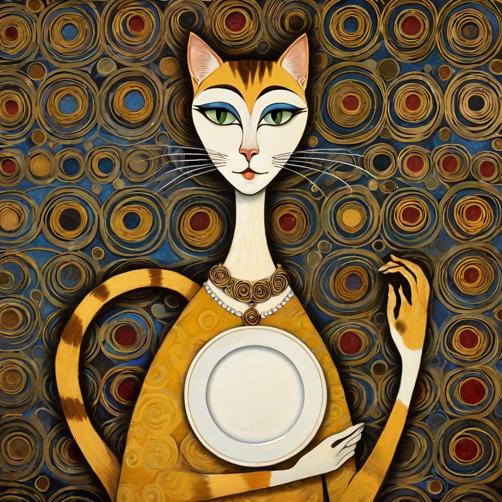 Front view. Old oil ipint on a wall, obvious brushstrokes. art naif and art nouveau, folk. Stylized figure of a very tall cat with almost human feminine features, slender, thin. has a very long, tapered, narrow neck with alternating stripes and is embellished with a pearl necklace. The cat holds an empty plate between her paws because she wants to have her food. She has light green slit eyes, a sweet smile, long eyelashes. Detailed drawing, accurate chiaroscuro. Gustav Klimt style pattern background with circles, spirals. Colors yellow ochre, mustard, browns, reds, blues. Medium saturation. Translated with DeepL.com (free version)
