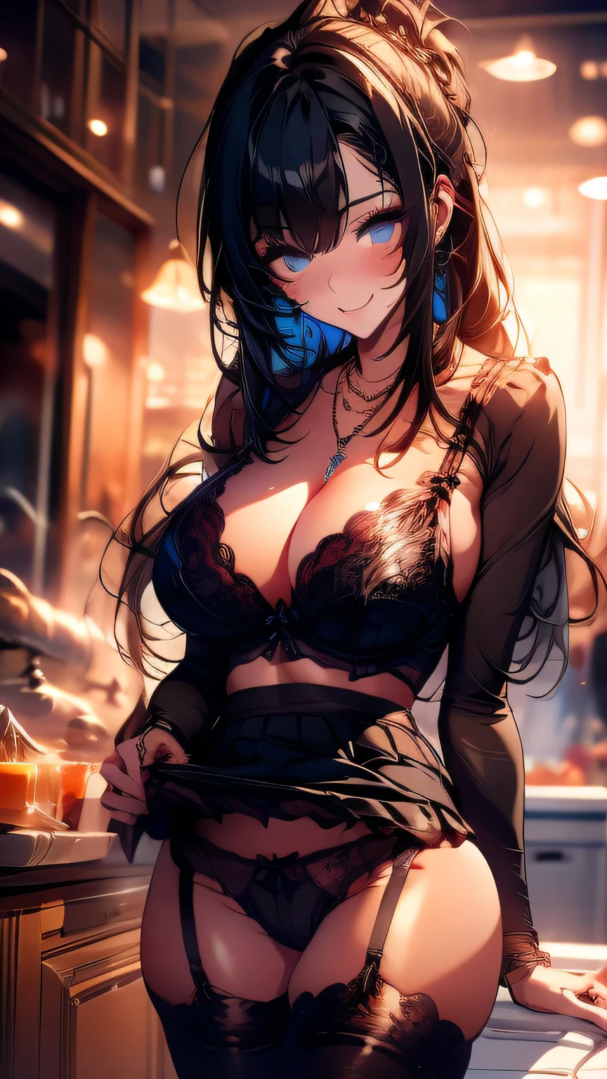 1girl :d absurdres black_dress black_thighhighs blue_eyes blurry bra breasts cameltoe cleavage cleft_of_venus clothes_lift cowboy_shot cross cross_necklace depth_of_field dress dress_lift flashing framed_breasts frilled_bra frilled_dress frilled_panties frills front-tie_bra front-tie_top gluteal_fold habit hair_over_one_eye highres jewelry juliet_sleeves lace lace-trimmed_panties lace_trim large_breasts legs_apart lifting_own_clothes long_hair long_sleeves looking_at_viewer melonbooks mitsuba_choco necklace nun open_mouth original panties puffy_sleeves robe scan side-tie_panties sister-chan_(mitsuba_choco) skindentation skirt skirt_lift smile standing string_bra string_panties sweat swept_bangs thighhighs thighs underwear veil white_bra white_hair white_panties