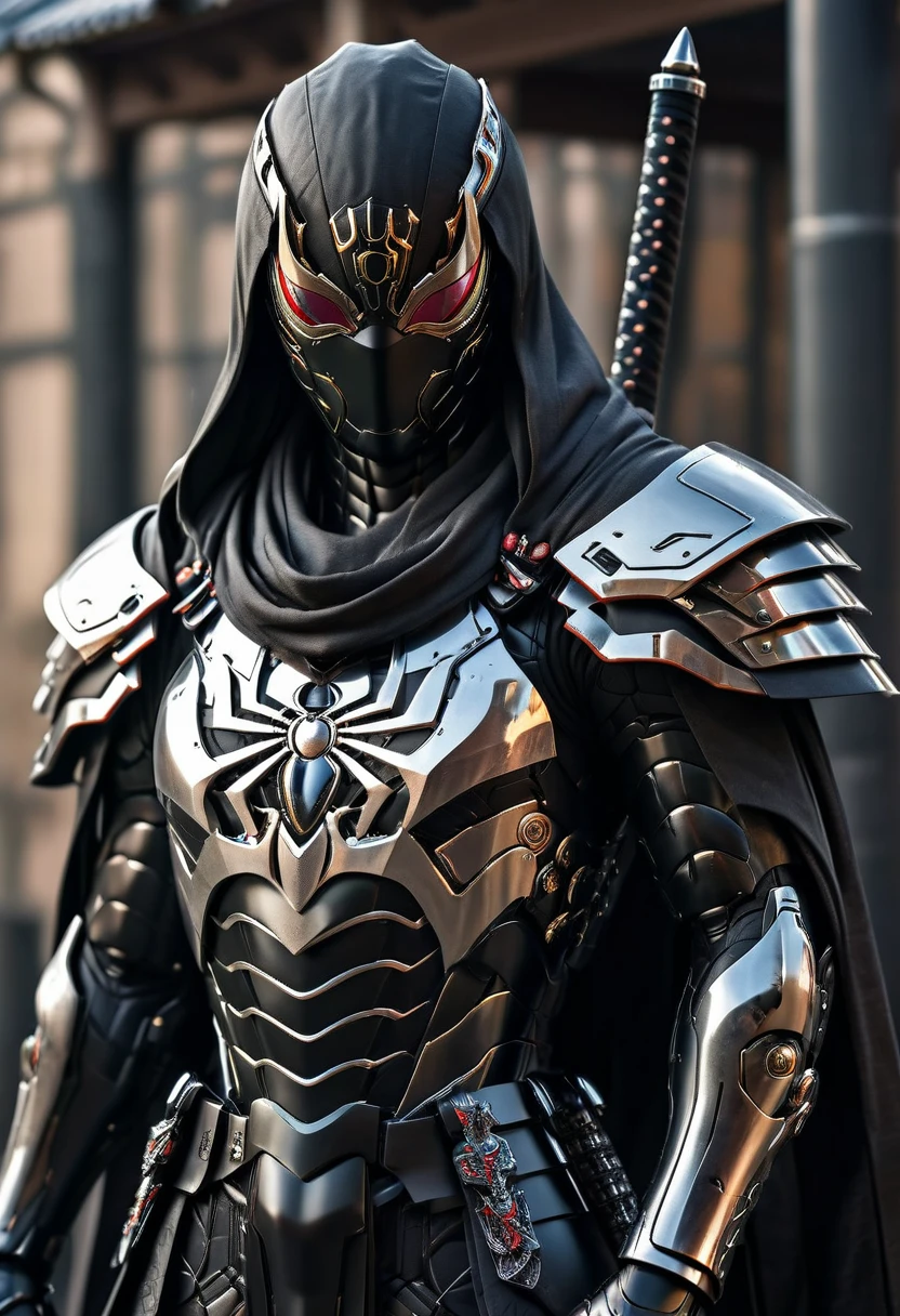 araffe dressed in a black suit holding a sword and a sword, cyborg samurai, cyber japan samurai armor, cyberpunk samurai, very beautiful cyberpunk samurai, full samurai armor spiderman, bio - mechanical ninja samurai, portrait of a cyberpunk samurai, cyber japan style armor, cyber japan armor, celtic and cyberpunk armor, black bull samurai, intricate assasin mecha armor