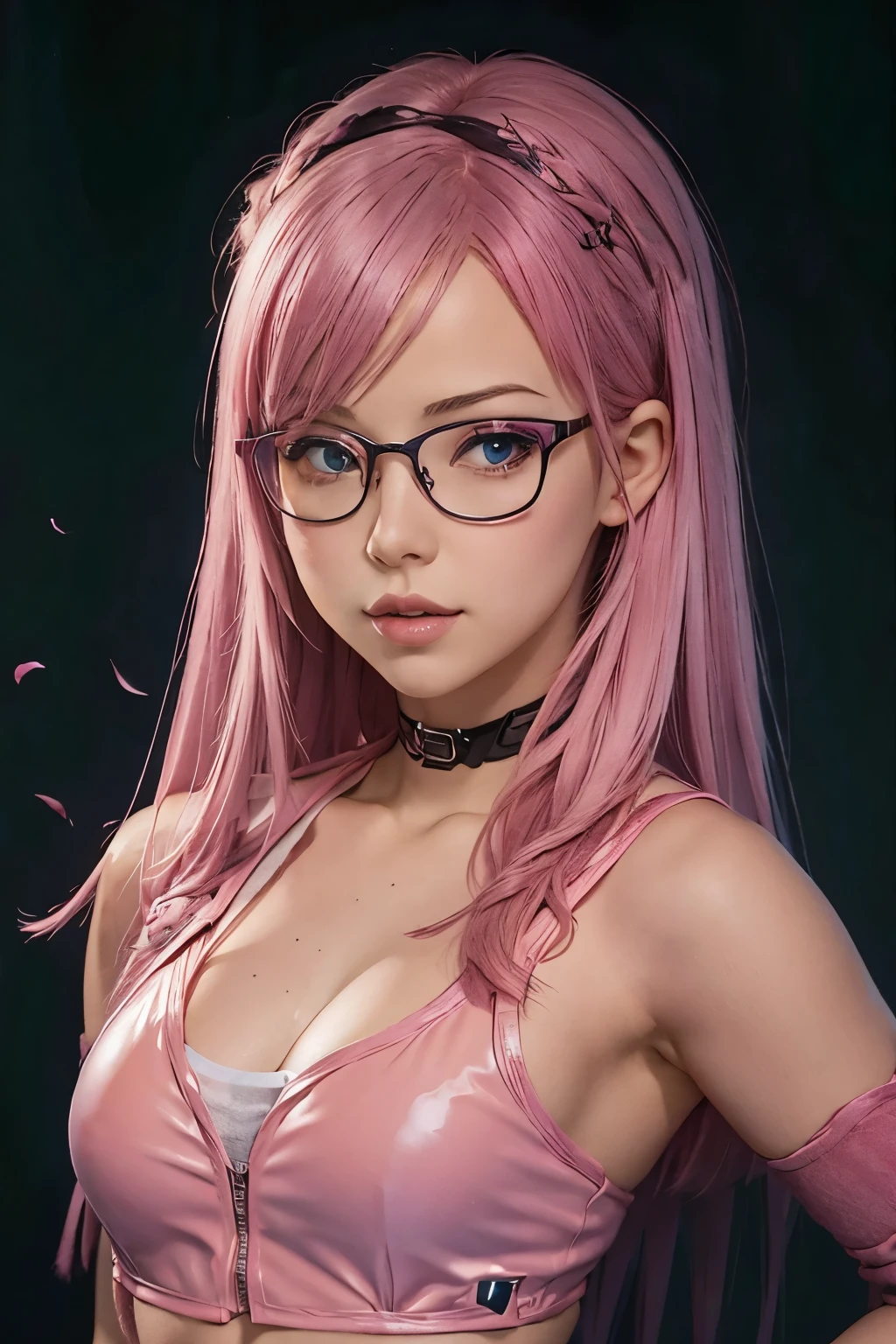 Close-up of a woman with pink hair wearing glasses, artwork in Guvez style, Guvez, kawaii realistic portrait, inspired by Seihiko-kun, glowing pink face, pink girl, beautiful anime portrait, pink glasses, glowing pink eyes, realistic anime 3 D style, Yanjuncheng, realistic anime art style, ((pink)8k