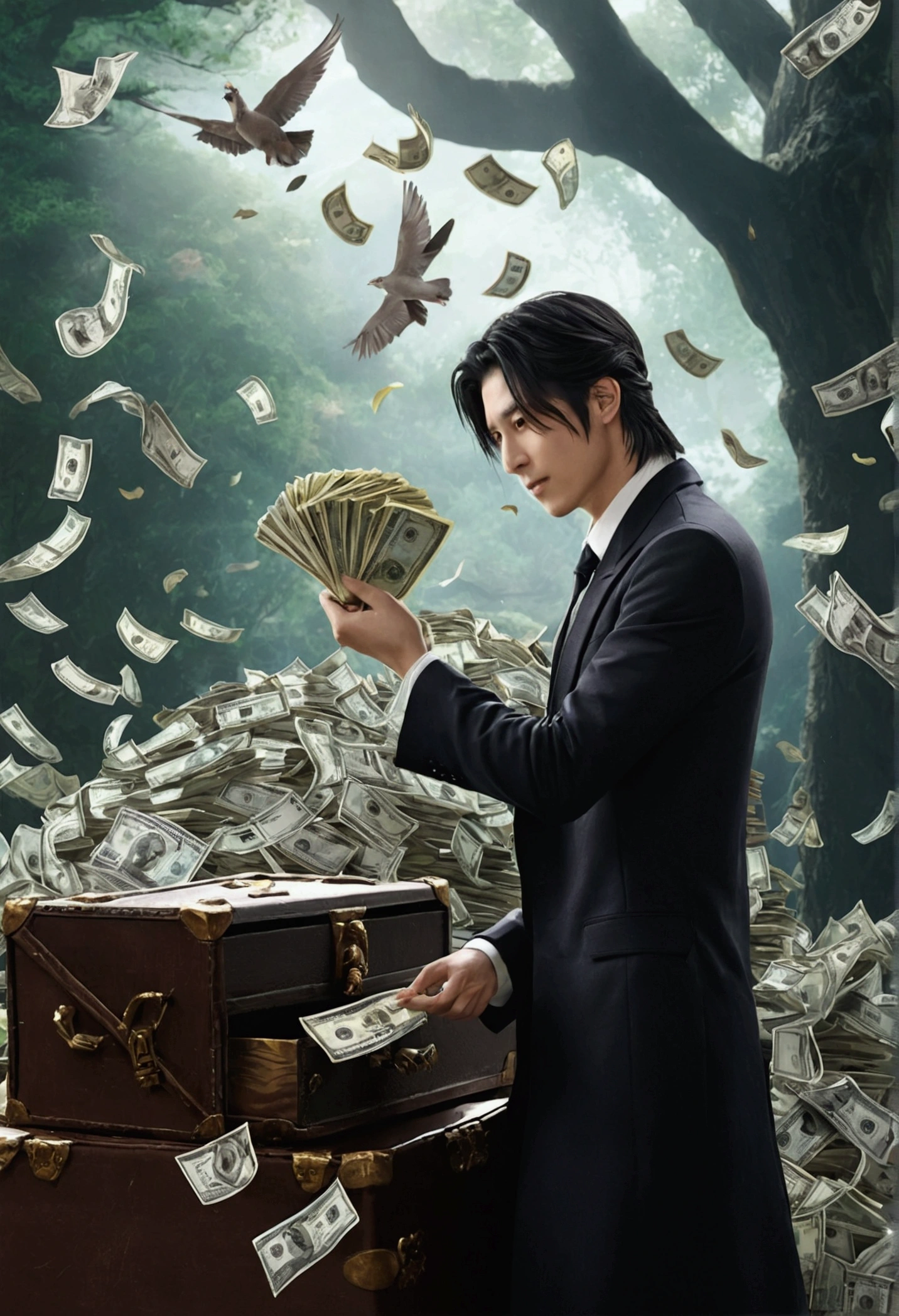 Kindness, Highest quality:1.4),(Absurd, High resolution, Super detailed:1.2), (1 handsome man:1.4),(using dark magic:1.4), Hair tied up, 顎の下あたりにmagicの鍵,Pick up the keys,magic,Playful illustrations, Imaginative Overlays, Artistic Fusion,Great scene, moving story, Impressive visual effects, trunk, 不思議な光が浮かぶmagicの鍵を持っている, Money is flying