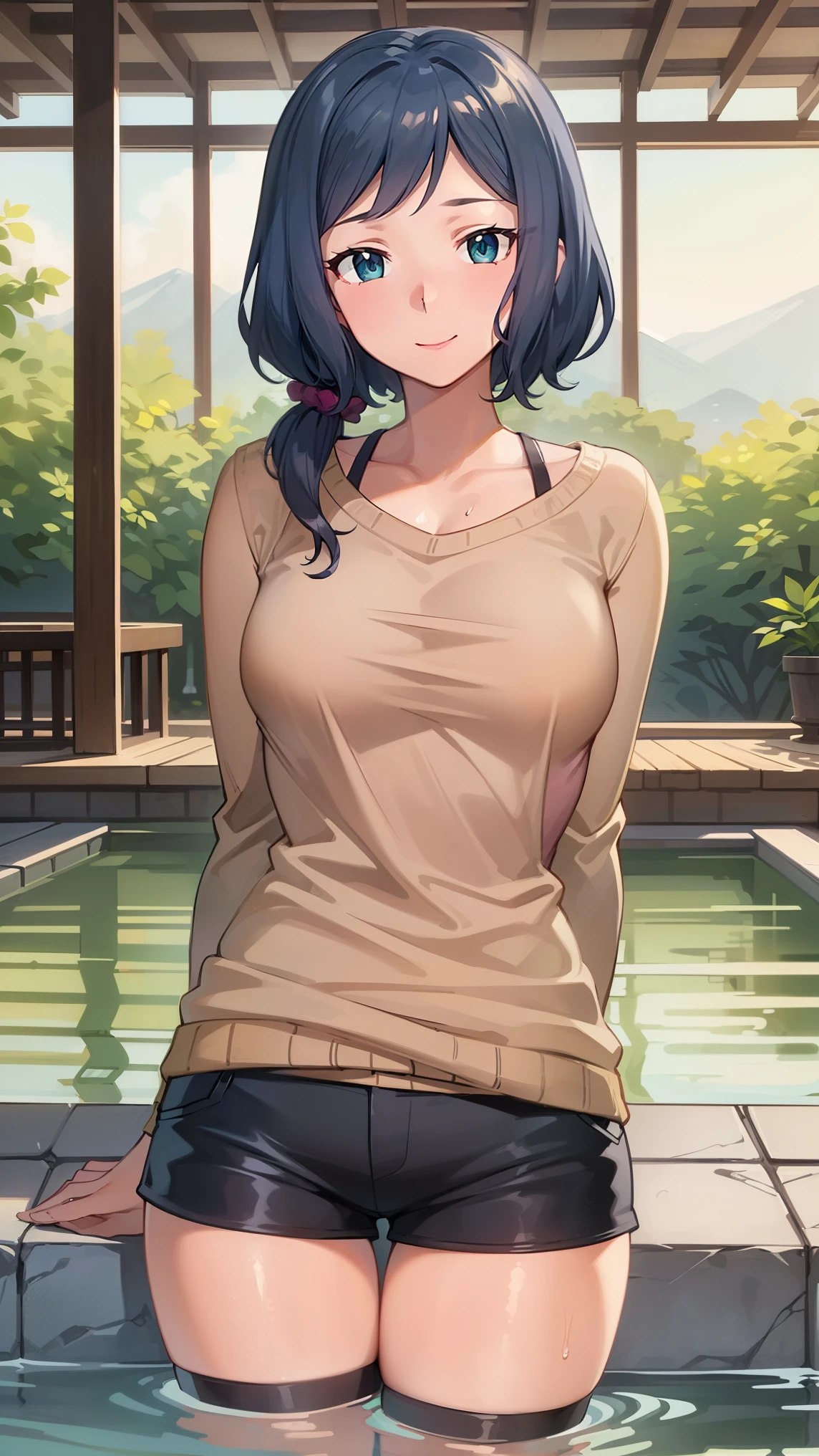 rinko-iori, wide hips, low ponytail, blue eyes, 
BREAK (pink shirt, shorts, thighhighs:1.2),
BREAK onsen, steam, (partially submerged:1.3), looking at viewer, smile,((hands behind back:1.5)),
BREAK (masterpiece:1.2), best quality, high resolution, unity 8k wallpaper, (illustration:0.8), (beautiful detailed eyes:1.6), extremely detailed face, perfect lighting, extremely detailed CG, (perfect hands, perfect anatomy),
