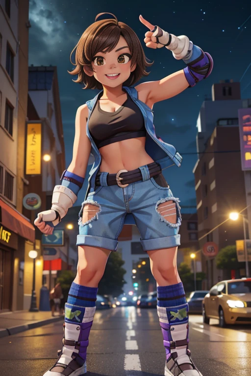 street dancer, short hair, brown hair, yellow glowing eyes, perfect lips,big smile , confident smile,cute expression, cute face,victory pose, dinamic pose, fingerless gloves, gun, tank top, jacket, cute pose, ultra detailed face, long eyelashes, sharp eyes , Fullbody shot, dinamic viewer, night sky , dinamic point of view,