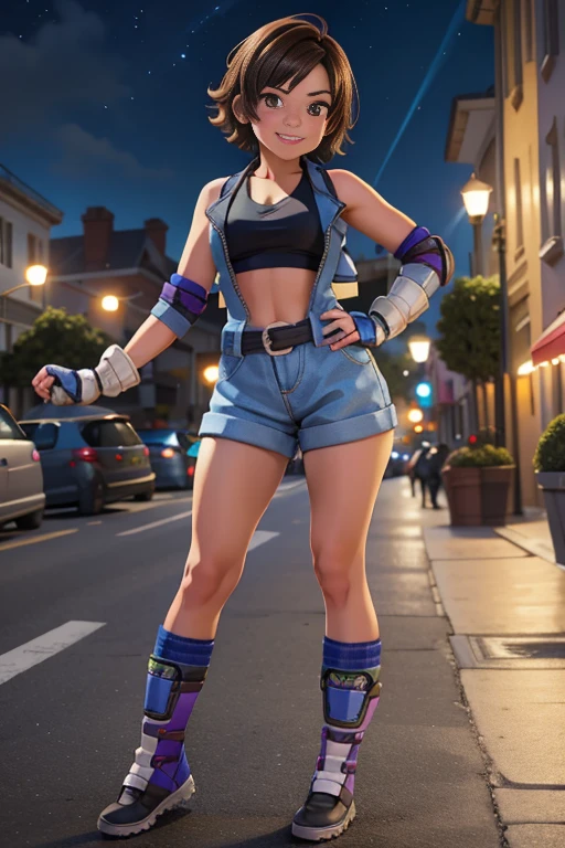 street dancer, short hair, brown hair, yellow glowing eyes, perfect lips,big smile , confident smile,cute expression, cute face,victory pose, dinamic pose, fingerless gloves, gun, tank top, jacket, cute pose, ultra detailed face, long eyelashes, sharp eyes , Fullbody shot, dinamic viewer, night sky , dinamic point of view,