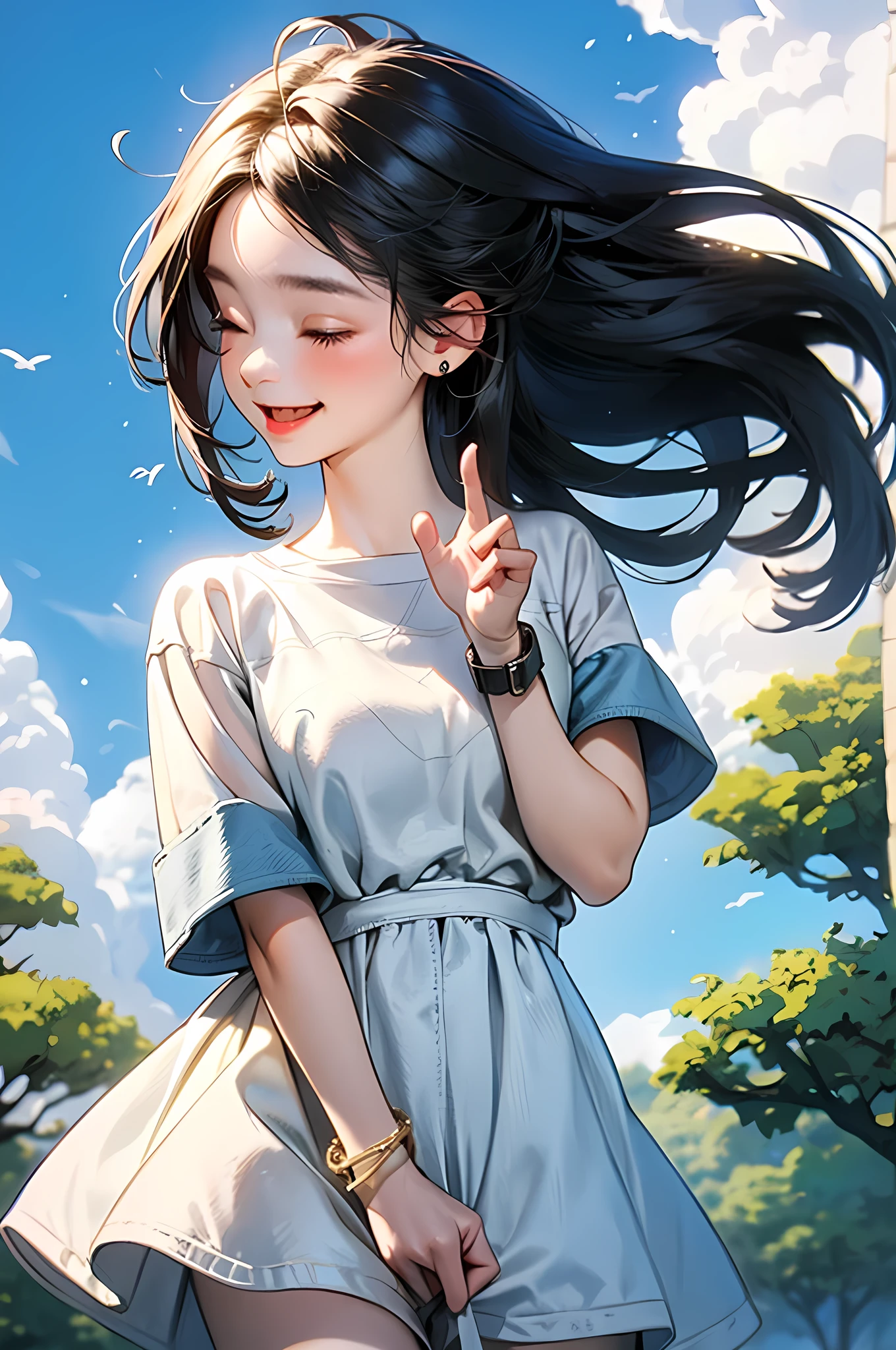 In this image, we see a young woman standing outdoors under a beautiful, partly cloudy sky. She is smiling and looking up, giving a sense of joy and contentment. The sky is vibrant with a mix of blue and white clouds, creating a picturesque backdrop.The woman is dressed casually in a white t-shirt and high-waisted denim shorts. The shorts have a rolled-up hem, adding to the relaxed and summery vibe of her outfit. She wears a watch on her left wrist, which is visible as her left arm is bent, with her hand gently touching her forehead.Her posture is relaxed, and she appears to be enjoying the moment. The background shows some greenery, possibly trees, indicating that she is in a natural setting, perhaps a park or a garden. The sunlight illuminates the scene, suggesting it is either morning or late afternoon.Overall, the image conveys a sense of freedom, happiness, and a connection with nature. The woman’s carefree pose and the serene sky contribute to the uplifting and tranquil mood of the photograph.