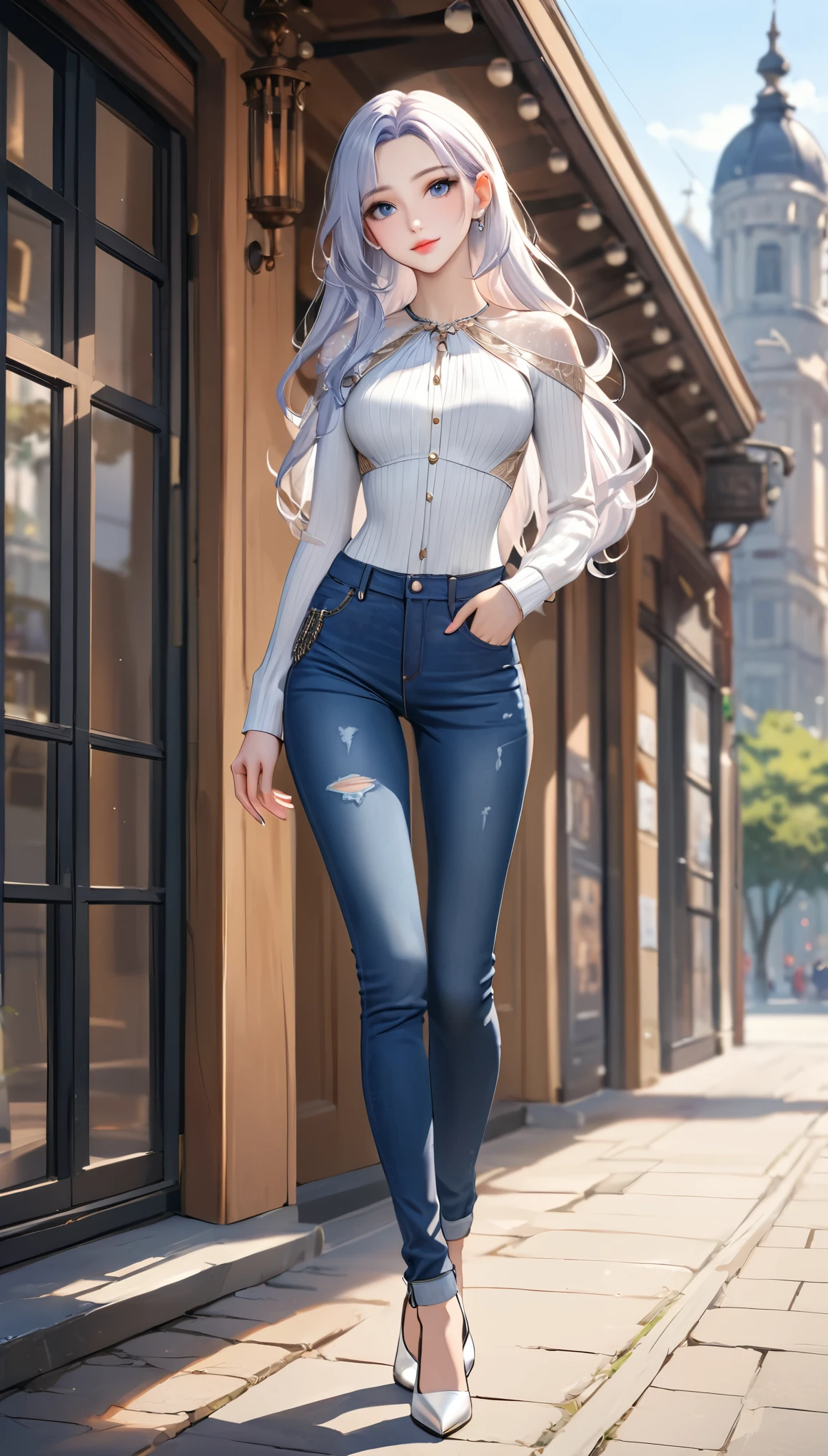 ((best quality, masterpiece:1.3, 8K)), (detailed), highly detailed face and skin texture, detailed eyes, full body, outdoor, (slender body:1.1), 1girl, (solo), (18+ years old), white skin, bright lips, seductive smile, long hair, glam outfit, medium breast, (jeans pants),