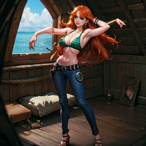 masterpiece, (Realistic:1.5), Highest quality, Beautiful lighting, Real Life, US \(one piece\), (only solo people ), 2 or more people NG, (perfect anatomy) , beautiful , , , Floating Hair, Long Orange Hair, Brown eyes, , Exposing shoulders , shoulder tattoo, large breasts , Cleavage, Slim waist, smile, , standing alone , Sweat-soaked skin, , low-rise jeans, , , 比基尼(micro:1.5, green, top only , ), full-body shot angle capturing, Wearing high heels, Detailed high heels, Bangles, bangs, Earrings, , bracelet, between legs, green belt, jewelry, Log Pause, belly button, , , , , , blue sky, cloud, big pirate ship on the sea, floor, , Detailed footwork , , , Complex, Attention to detail, Sharp focus, dramatic, (RAW Photos, 8k Ultra HD, Film Grain), Caustics, Scattered beneath the surface, reflection