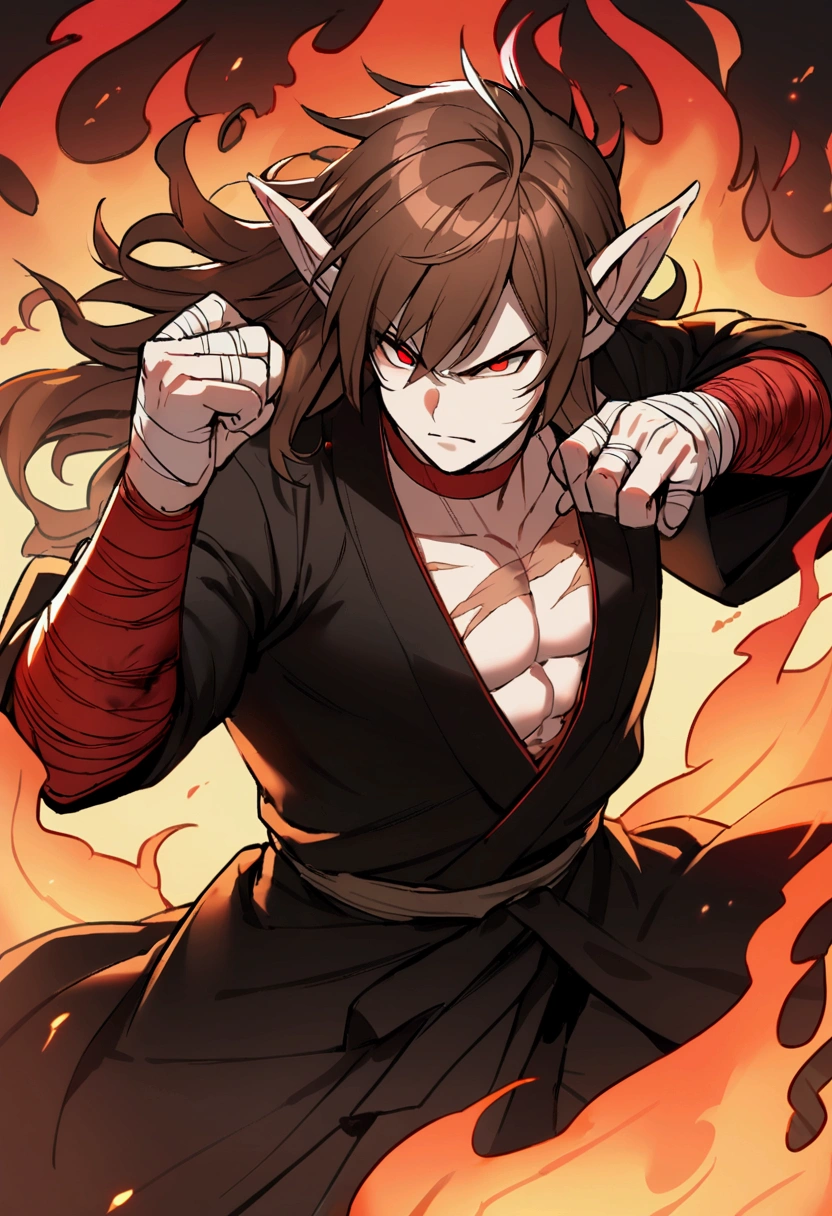 1boy, brown hair-red gradient, red eyes, side bangs, ahoge, spiky hair, long hair, big body, muscle body, white skin, ikemen face, many scars on his body, elf ears, black kimono, bandage on hand, red choker, awesome fight pose, serious face, fire, blood in hand and head, there were lots of rips on his clothes