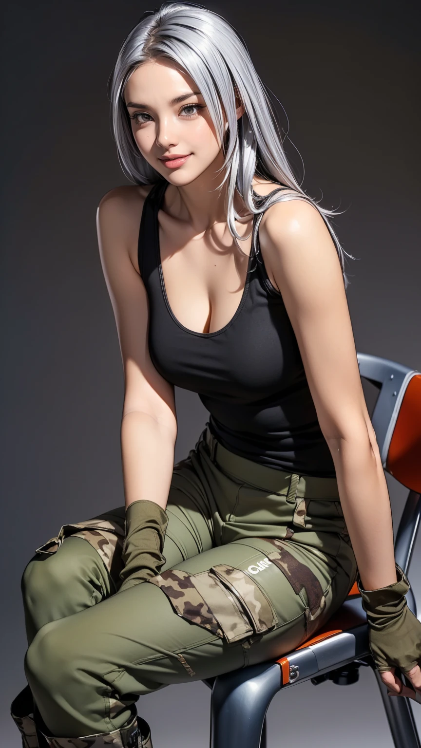 Realistic, masterpiece, Highest quality, Highest Resolution, Anatomically correct, Accurate Anatomy, (Gray blank background:1.3), (1girl:1.3), 20-year-old, Height: 165cm, Shot from thigh up, (Thick thighs:1.2), (Long Hair, Straight Hair, Silver Hair:1.3), (Squint your eyes, Sharp Eyes, (Iris:1.2)), (Hidden eyelid wrinkles:1.2), Thin eyebrows, Draw eyelashes carefully, Natural Makeup, Pull your chin, Show some teeth, Grin, Slightly to the side, (Black tank top, Desert camouflage cargo pants, Brown combat boots, Fingerless gloves in the same color as the boots:1.3), (Random model poses sitting on a metal chair:1.2)