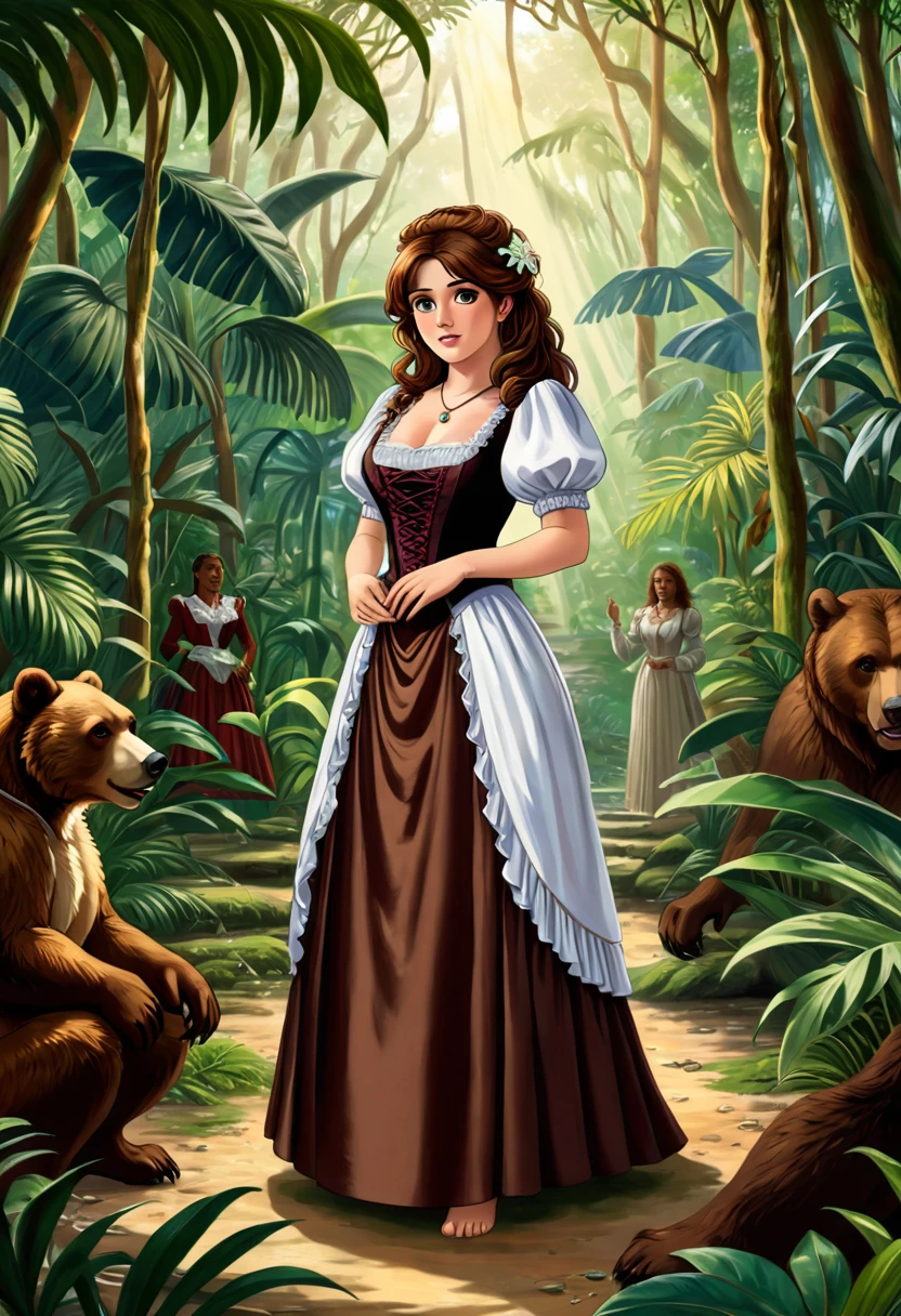 female bear mid transformation, solo, masterpiece, best art, victorian dress. detailed hands, detailed eyes, detailed torso, jungle, expression, transformation, human face, brown shaggy hair.