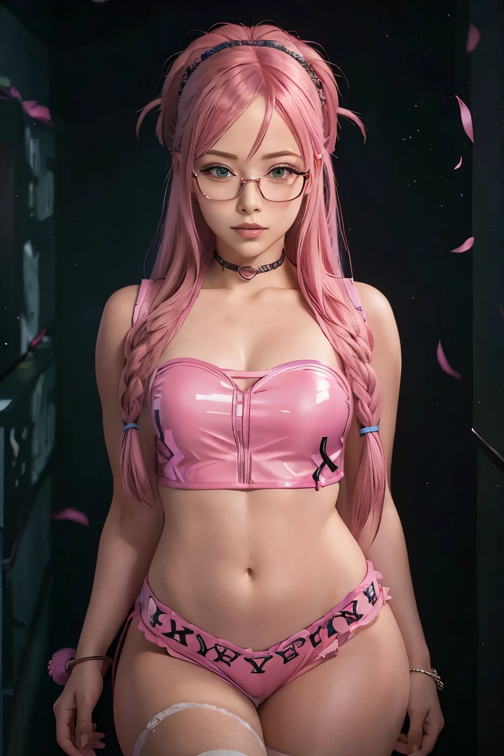 Close-up of a woman with pink hair wearing glasses, artwork in Guvez style, Guvez, kawaii realistic portrait, inspired by Seihiko-kun, glowing pink face, pink girl, beautiful anime portrait, pink glasses, glowing pink eyes, realistic anime 3 D style, Yanjuncheng, realistic anime art style, ((pink)8k