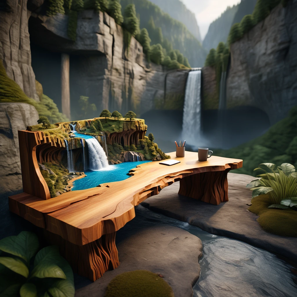 Photo of a desk carved deep with a complete landscape and a ravine and a mighty river flowing through it and a waterfall, all in 3d.