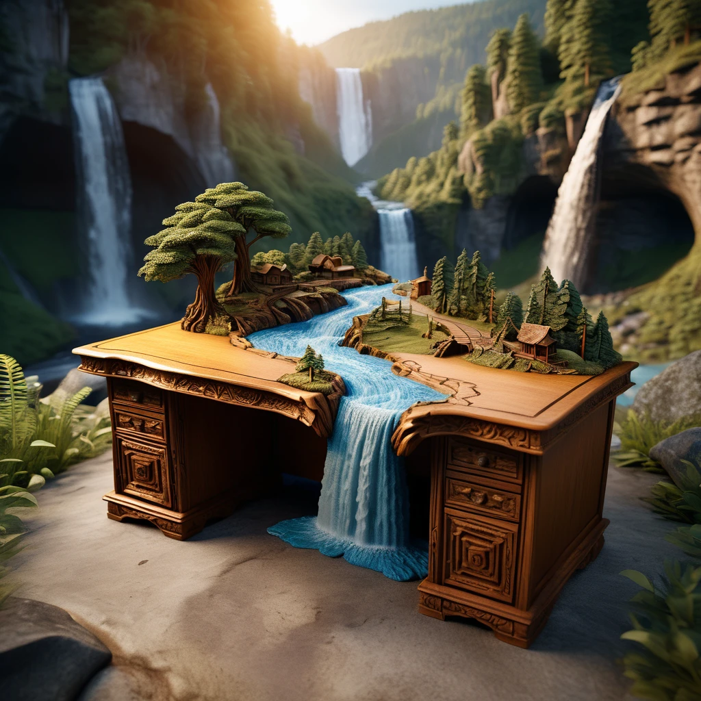 Photo of a desk carved deep with a complete landscape and a ravine and a mighty river flowing through it and a waterfall, all in 3d.